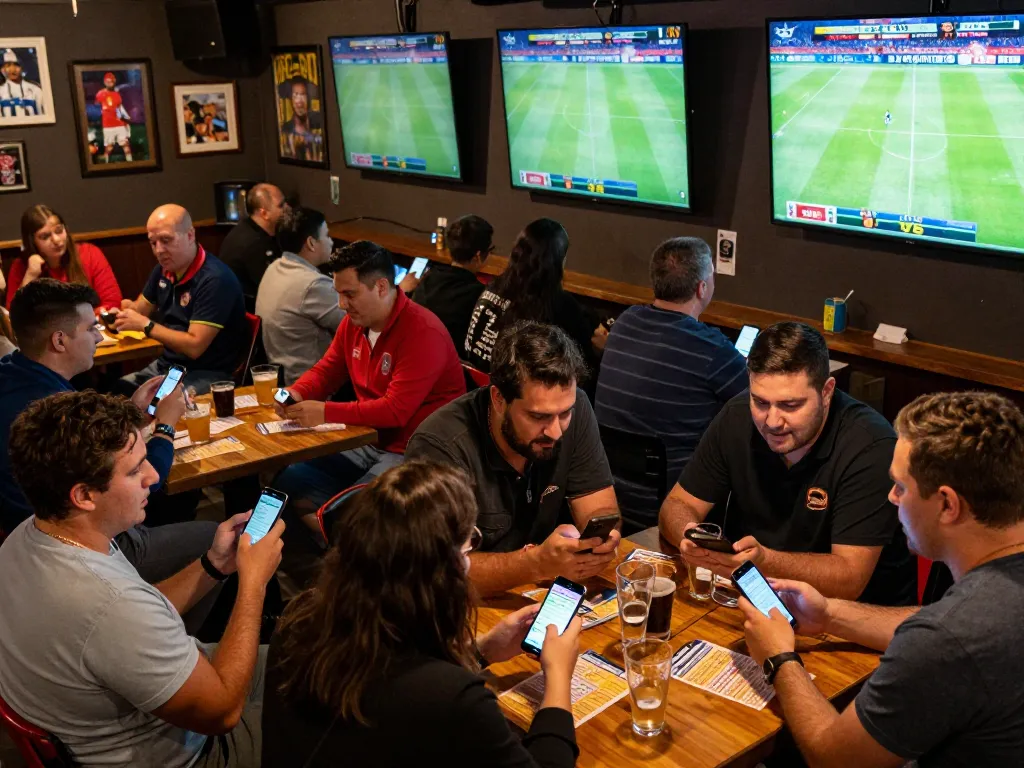 Engaged sports bettors analyzing odds on their smartphones at a lively sports bar atmosphere while enjoying keobongda trends.