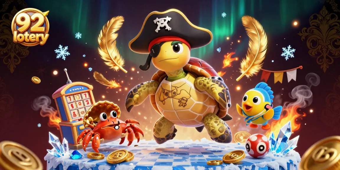 Engage in lively action with 92 lotery as a pirate turtle and friends surround a lottery machine.