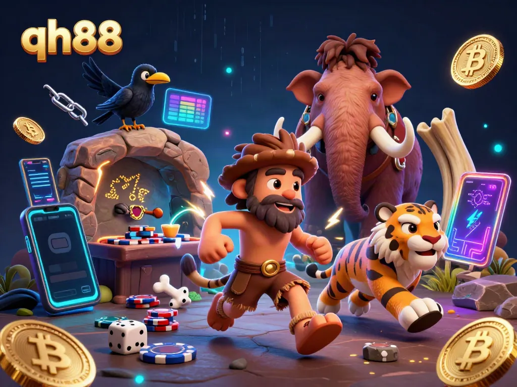Engage in thrilling games at qh88, featuring a lively prehistoric casino scene with cartoon characters.