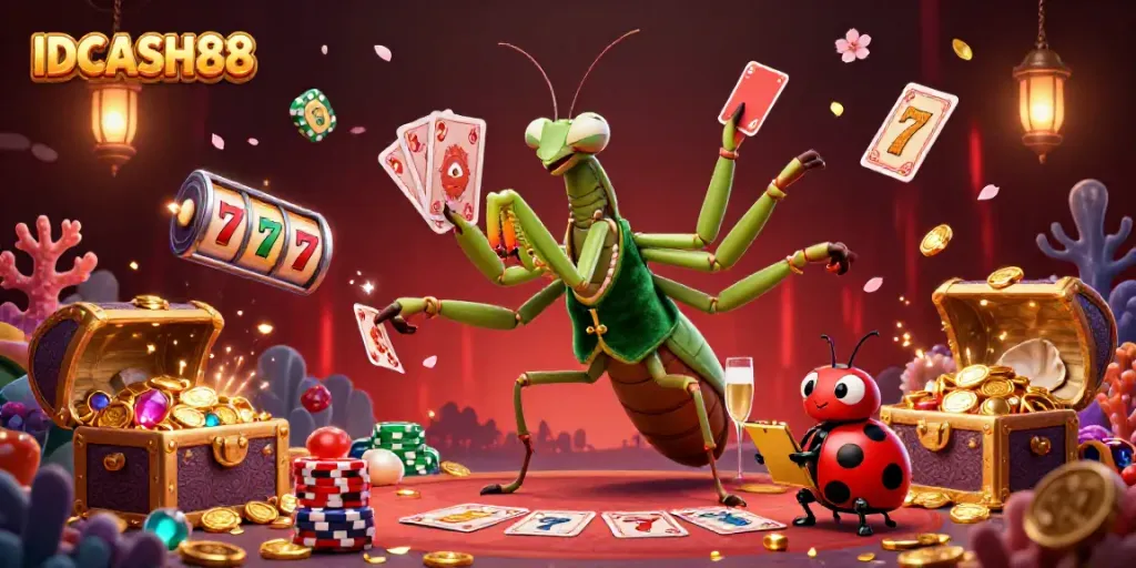 Casino excitement with IDCASH88 as a giant praying mantis deals cards amid underwater treasures.