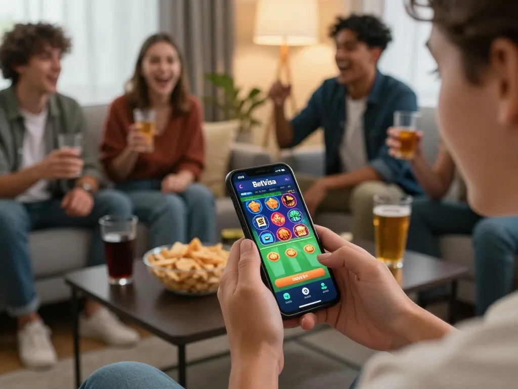 Enjoying the BetVisa app download on a smartphone in a vibrant living room.