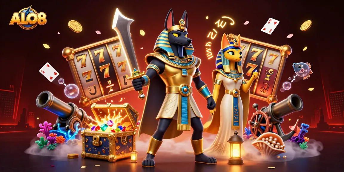 Engage in the thrilling ALO8 casino world with vibrant illustrations of gaming elements.