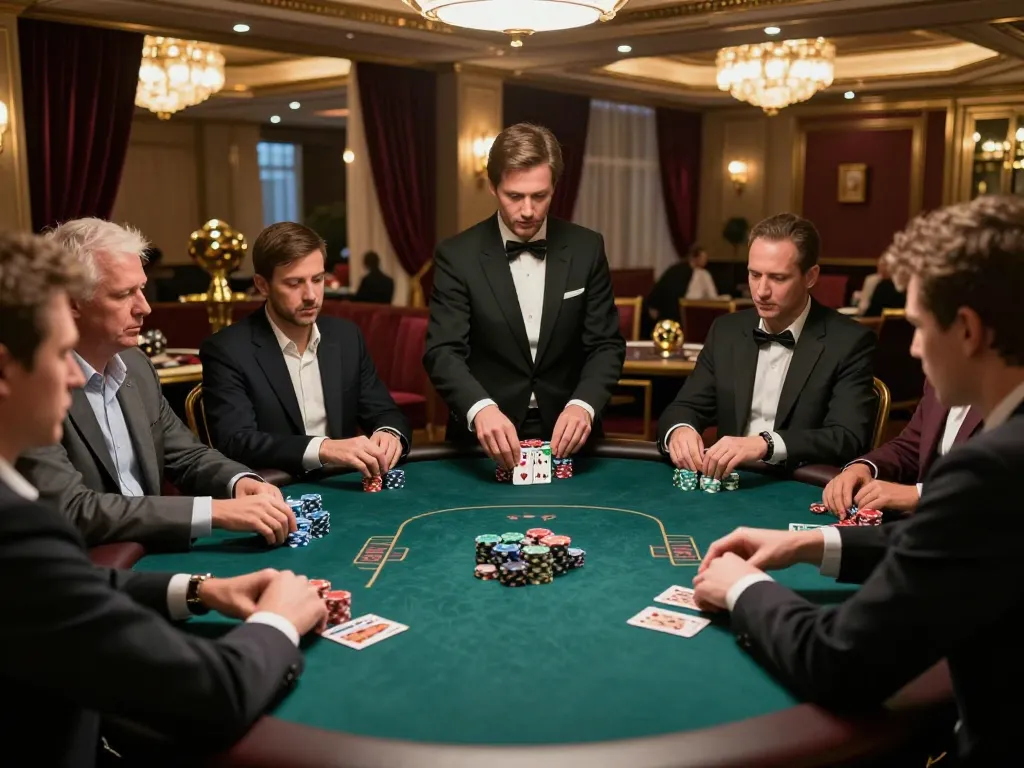 IDCASH88 Login scene with an engaged player at a high-stakes poker table, chips stacked, dealer shuffling cards in a luxurious casino.