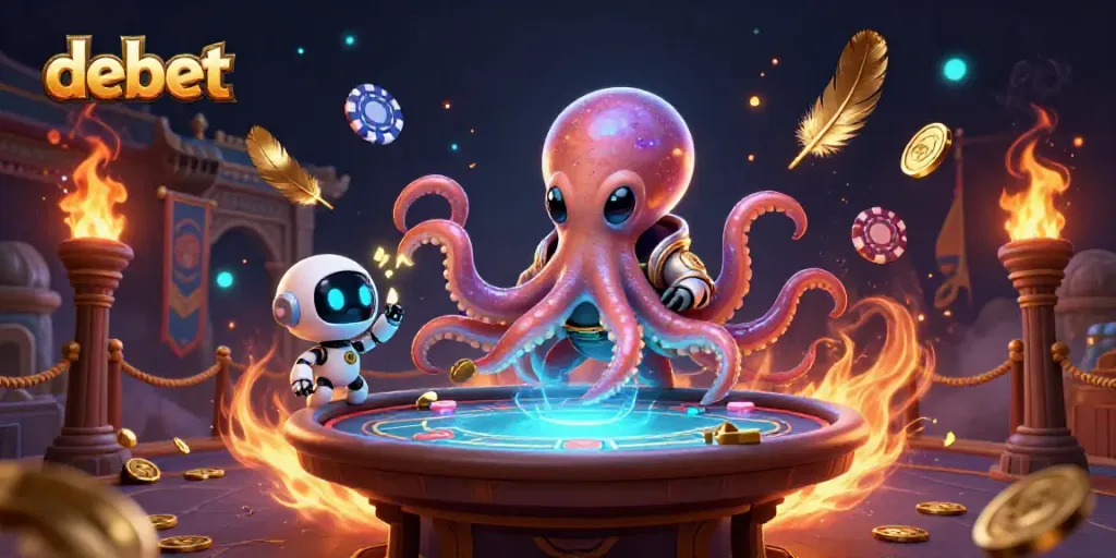Experience thrilling poker gameplay with debet's alien octopus and robot companion in an exciting cosmic casino.