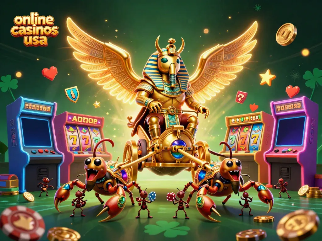 Experience the excitement of online casinos USA with vibrant slot reels and dynamic characters.