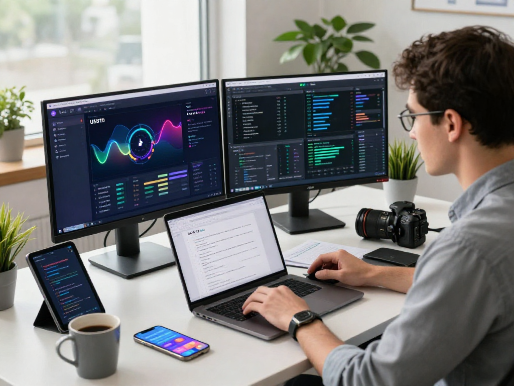 USDT0 software developer utilizing dual monitors in a modern office setting showcasing liquidity routing and blockchain analytics.