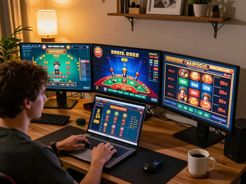 Engaged player analyzing casino games at home using laptop, showcasing responsible gaming principles with nhacaiuytinn.