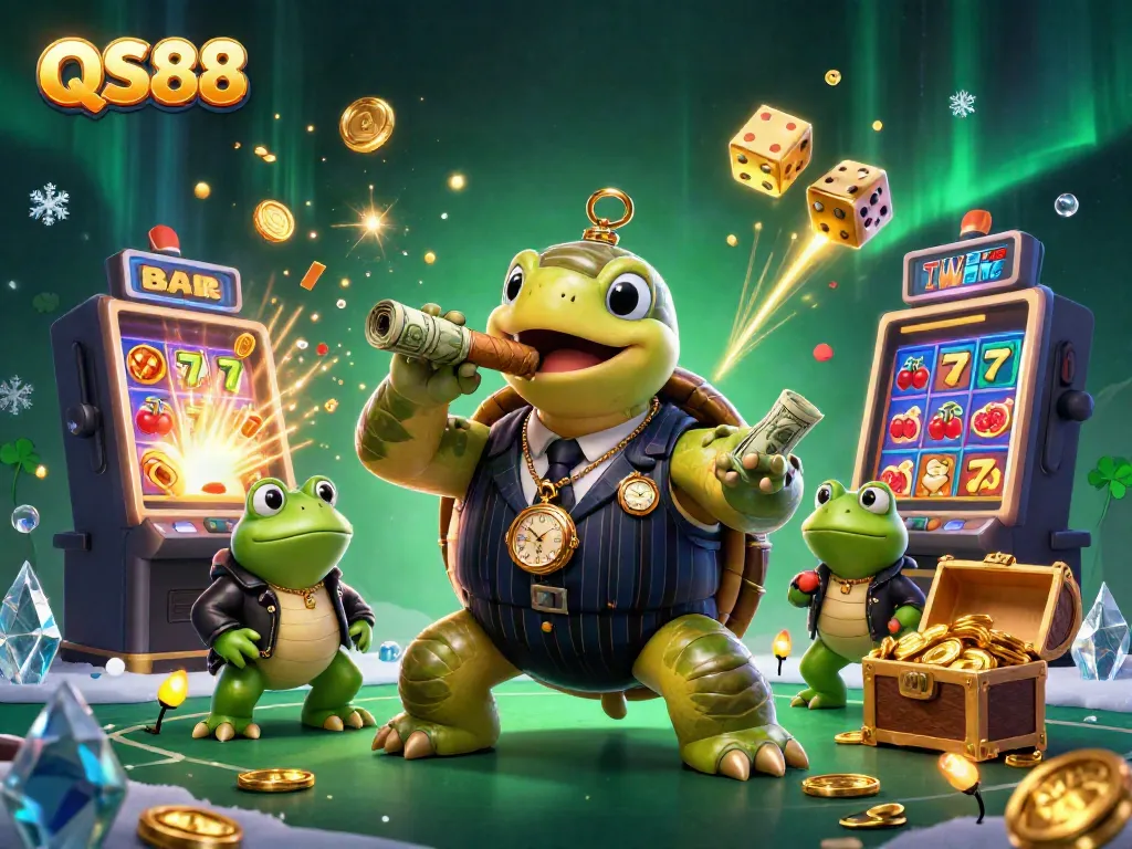 Experience thrilling gameplay with QS88's vibrant atmosphere, featuring a massive snapping turtle in a mobster suit and casino elements.