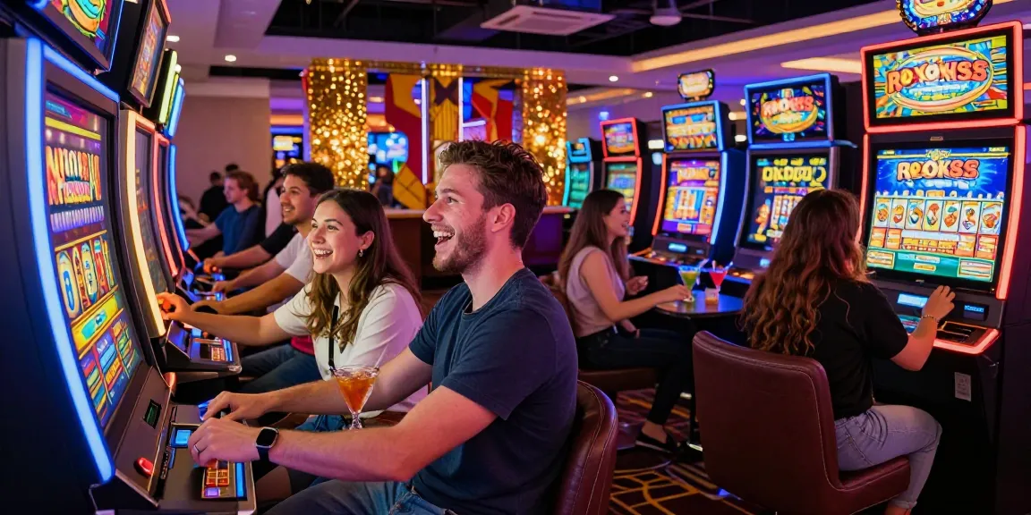 Excited players enjoying the rokok88 slot machine in a vibrant casino atmosphere