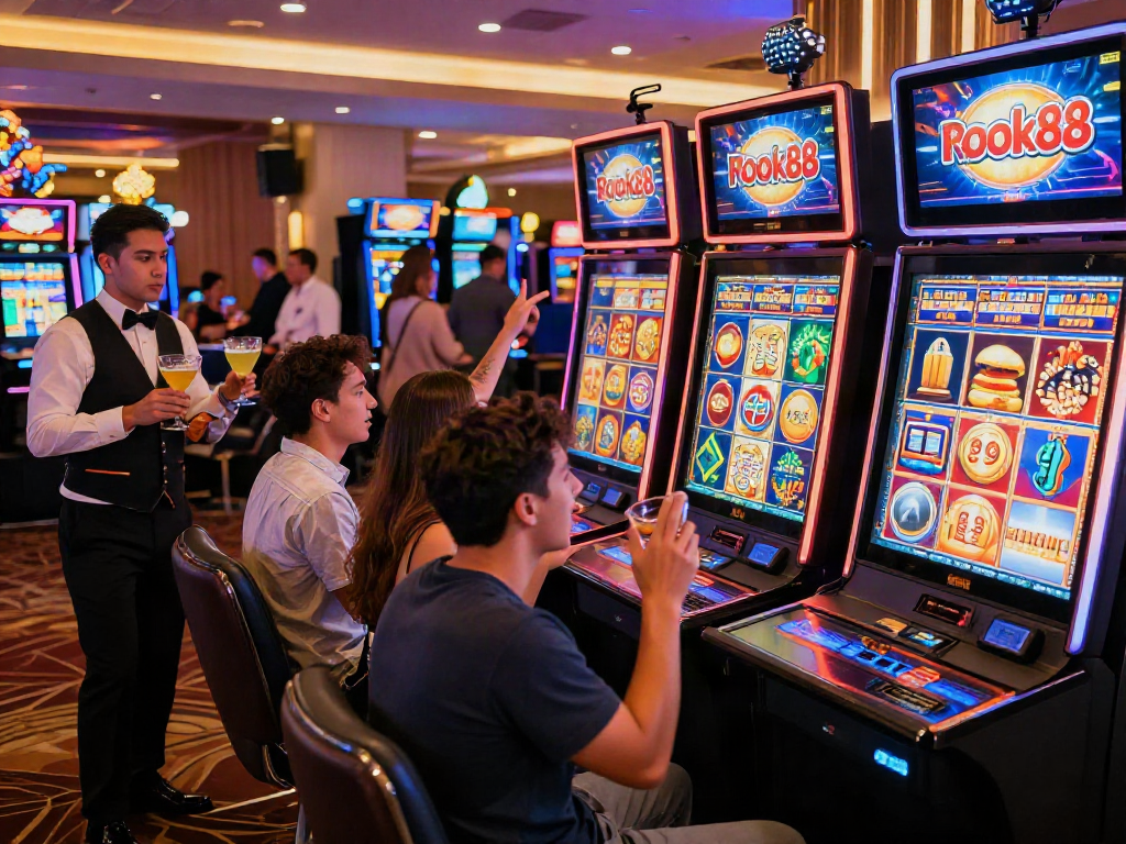 Celebrating a jackpot win on the rokok88 slot machine in a lively casino.