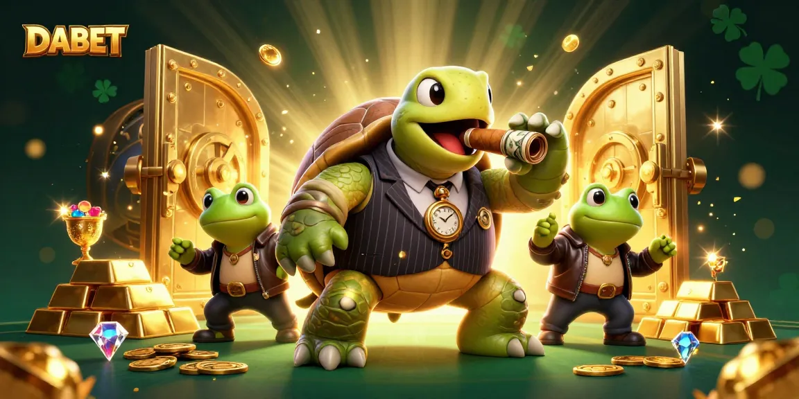 DABET's dynamic casino scene featuring a snappy mob turtle and bullfrog enforcers amidst golden treasures in action.