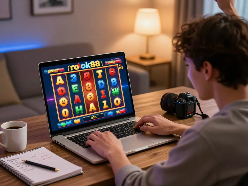 Excited player celebrating a win while playing the rokok88 slot on a laptop.