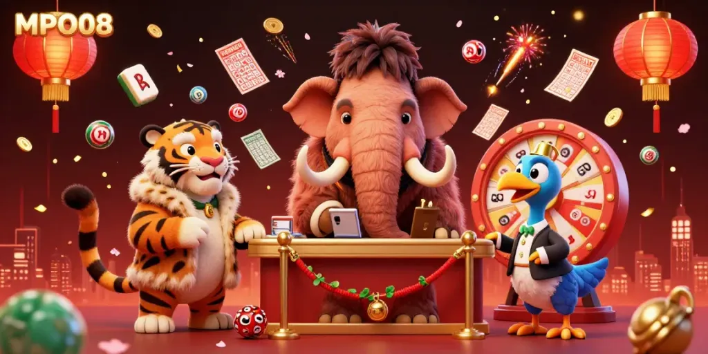 MPO08 Lottery scene with fun characters and colorful elements capturing the excitement of game shows.