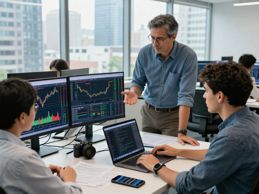 Dynamic team analyzing India quant trading stock API data in modern office, showcasing collaboration and technology.
