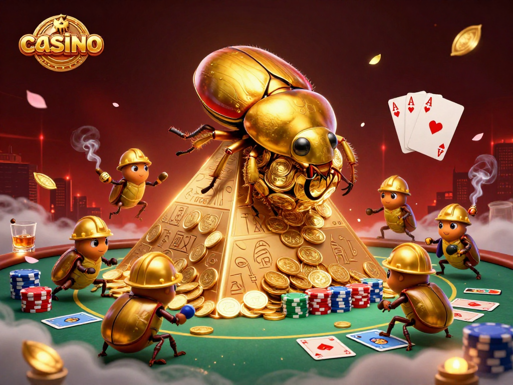 Experience an exciting casino scene featuring a golden dung beetle and poker elements.