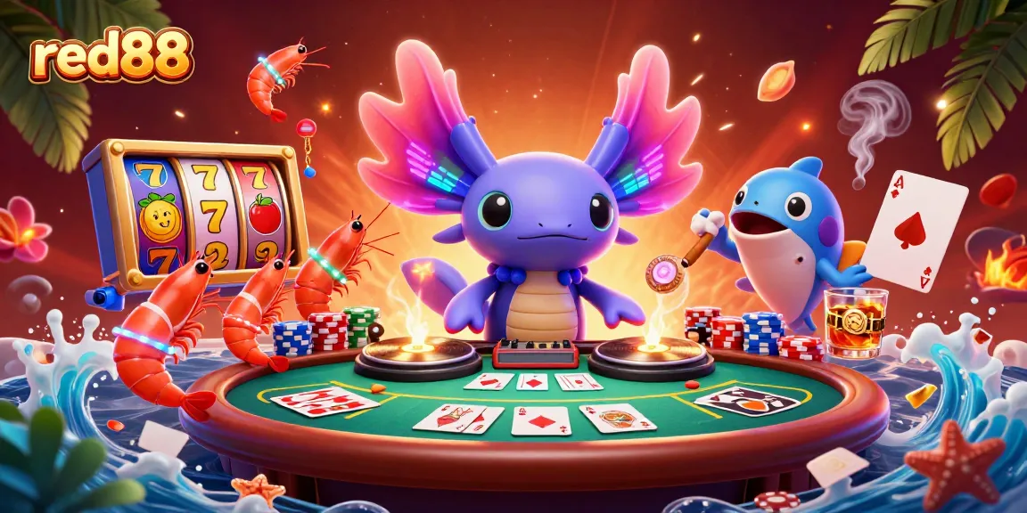 Experience the vibrant energy of red88 with a neon axolotl DJ and lively underwater casino scene.