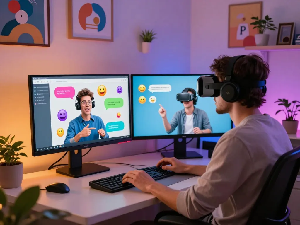 Engaging ai porn chat experience with a lifelike AI character in a cozy digital workspace.