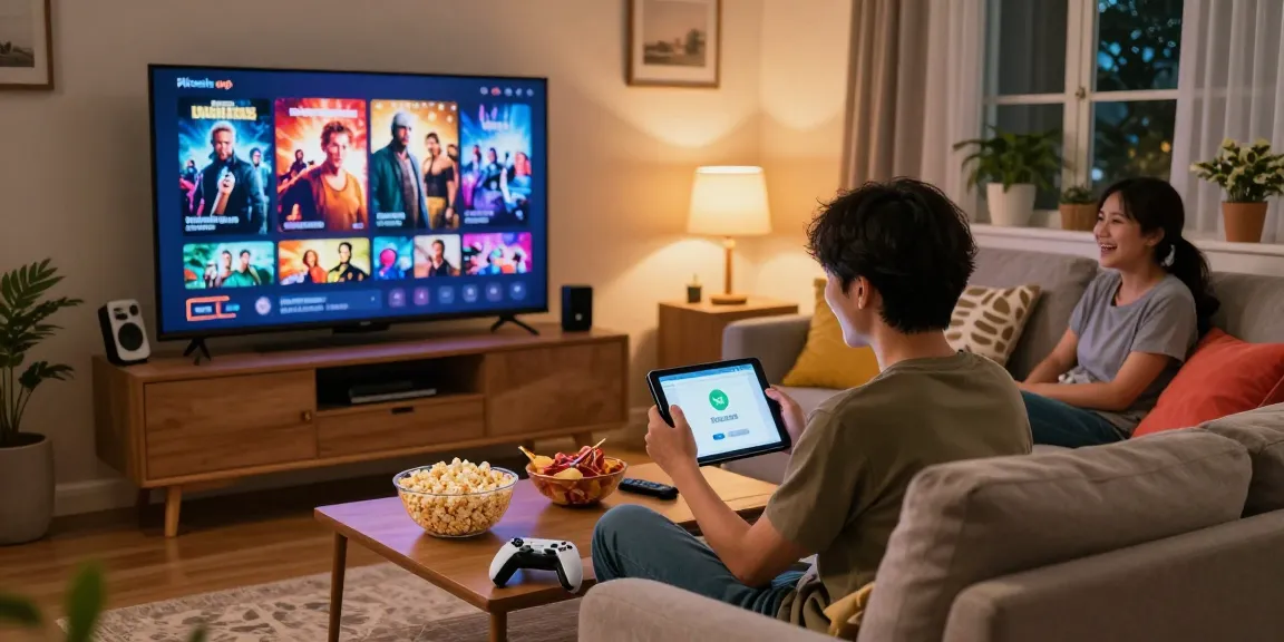 Enjoying a movie night with Pikashow APK on a tablet in a cozy family setting.