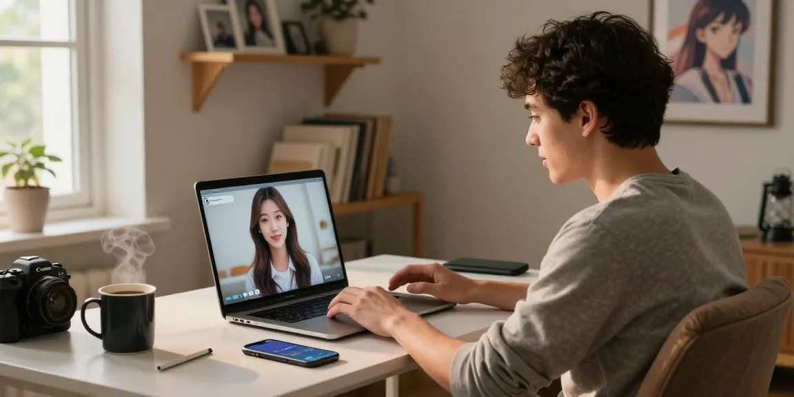 Young man interacting with AI GF on his laptop in a cozy home office.