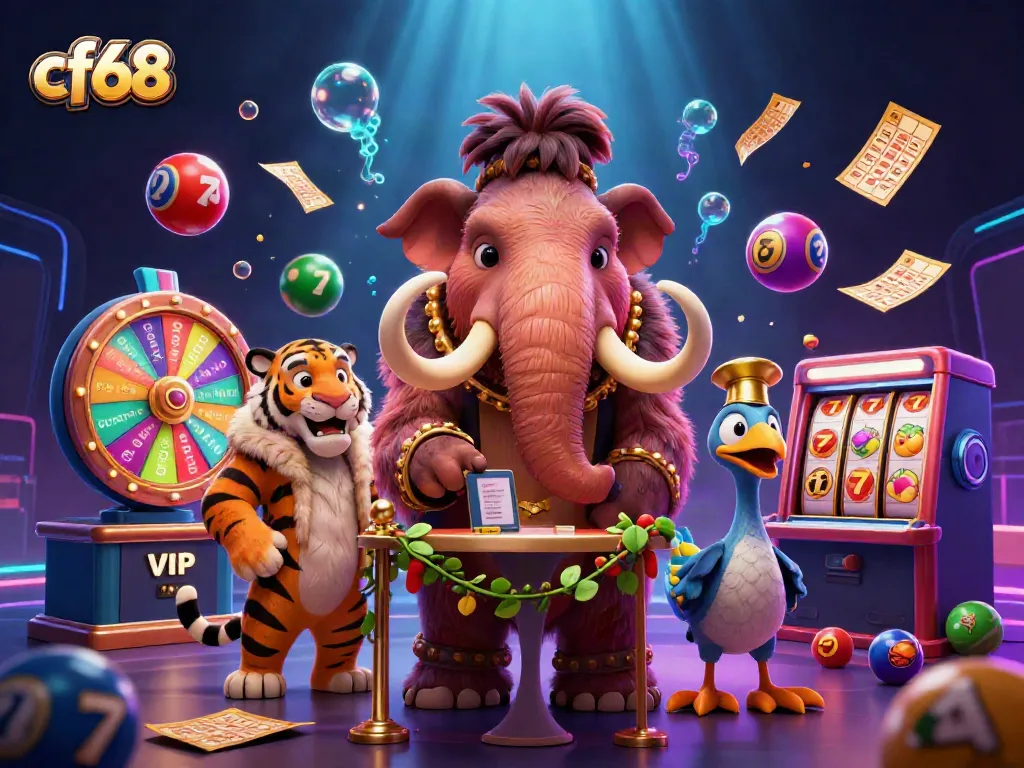 cf68 engages players with a vibrant, animated casino scene featuring lottery elements and lively characters.