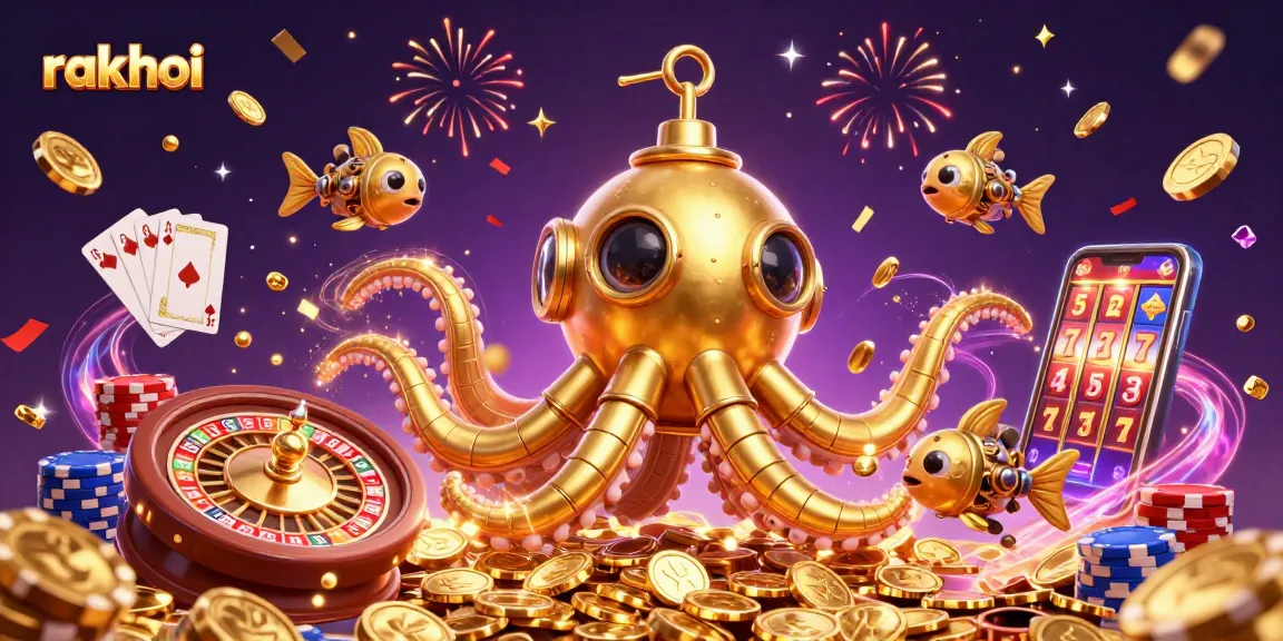 Experience exciting action at rakhoi with a vivid 3D illustration of a golden kraken submarine in a casino setting.