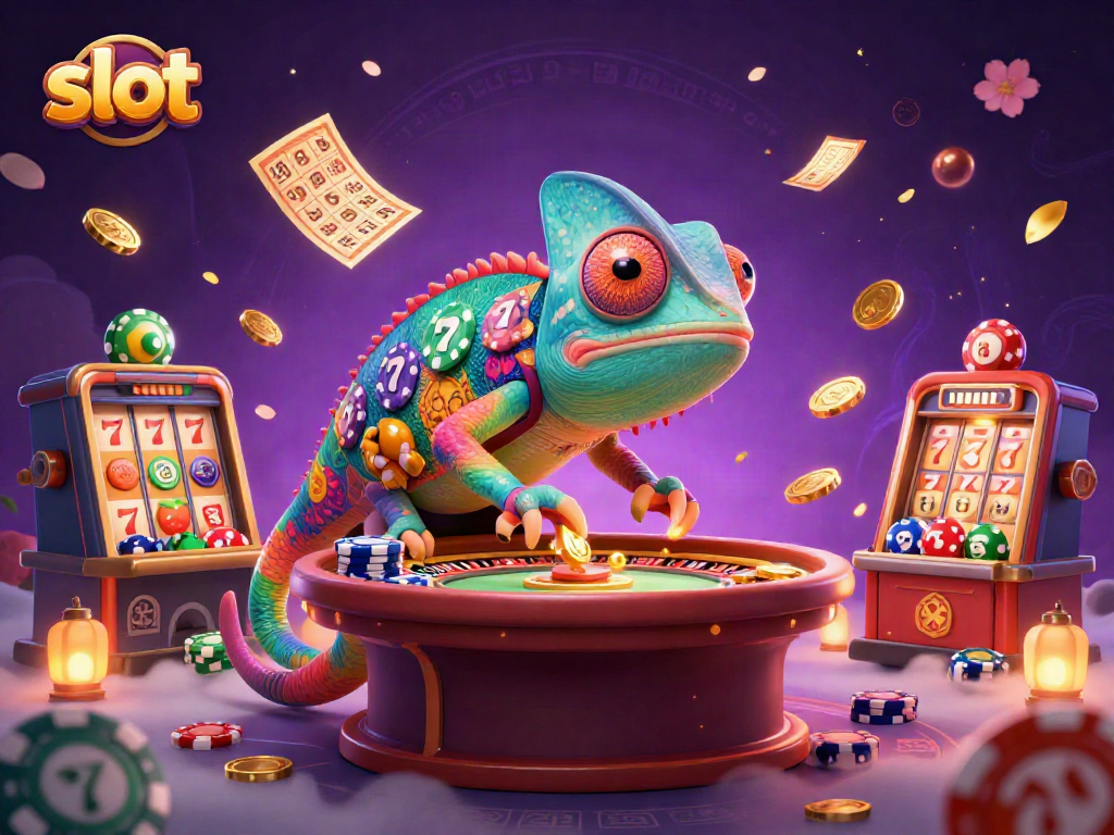 Engage with thrilling slot action featuring a chameleon casino owner amidst dynamic game elements.