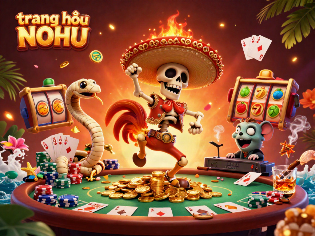 Experience excitement on the trang chủ NOHU with a thrilling 3D skeleton mariachi victory dance amidst poker elements and gold coins.