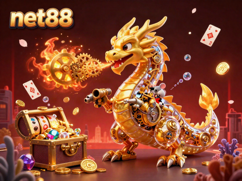 Engage with net88's exciting gaming world featuring a golden dragon surrounded by treasures and animated game elements.