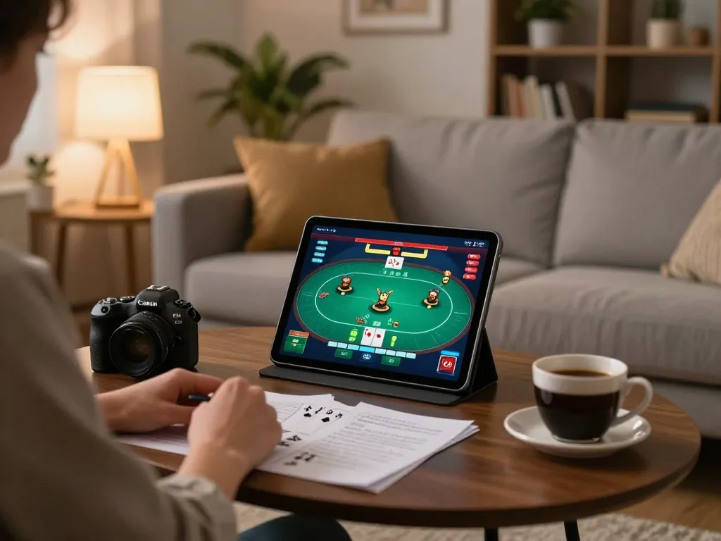Engaging in online gambling at https://tr88.bio/ with a poker game on tablet in a cozy setting.