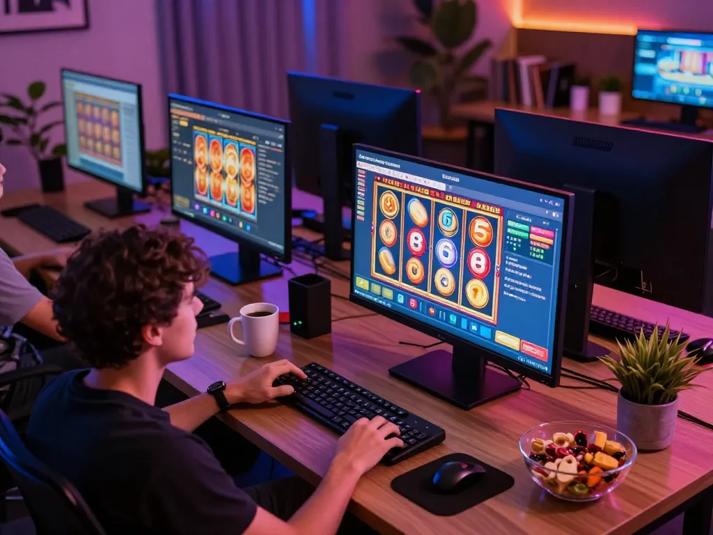 Engaging player enjoying rokok88 slot on multiple screens in a stylish gaming room