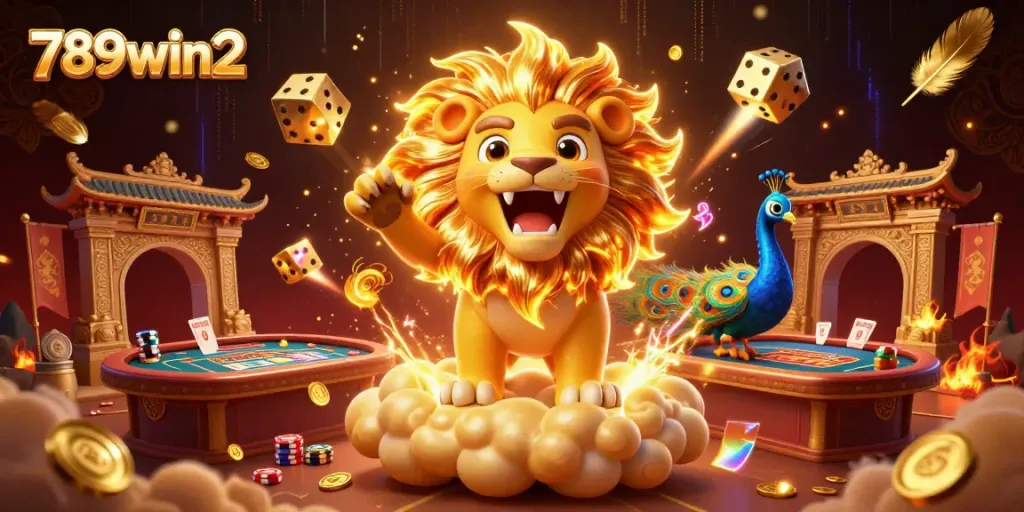 Bet big at 789win2 with a dynamic casino scene featuring a triumphant sun lion and golden dice.