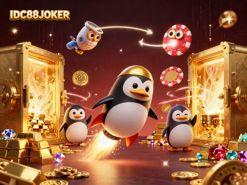 Experience IDC88JOKER's thrilling casino adventure with a golden penguin soaring through space.