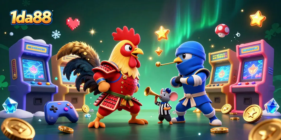Engage in thrilling 1da88 adventures with twin cartoon roosters and vibrant game elements.