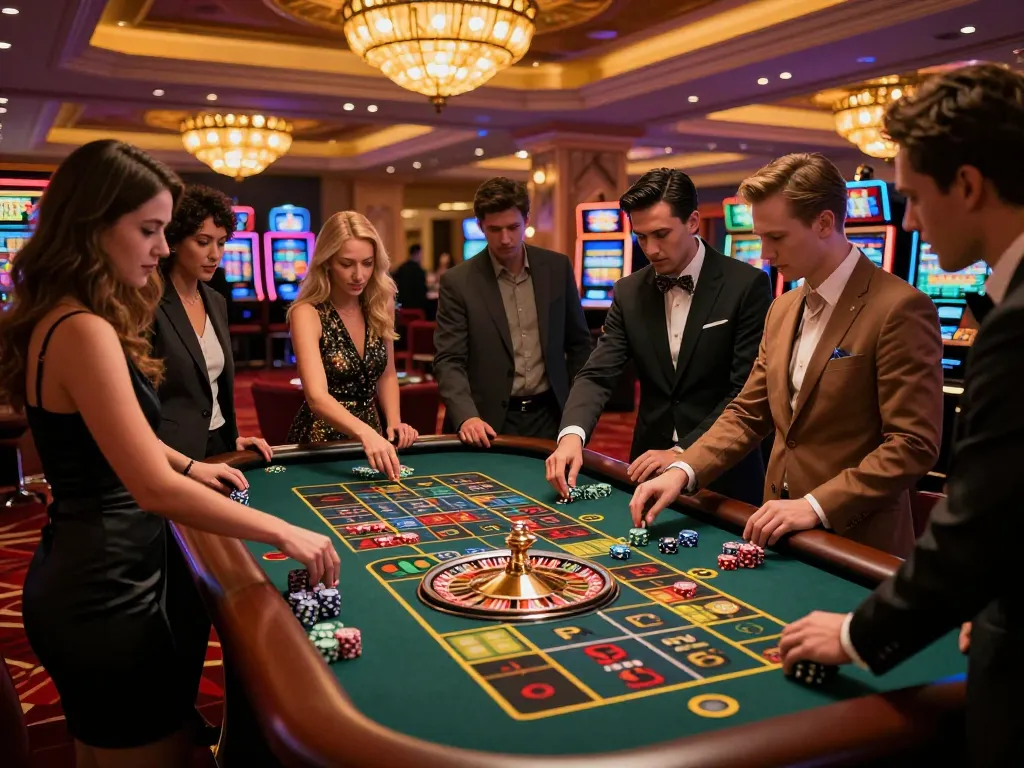 MM88 players placing bets on a roulette table in a vibrant casino environment, excitement visible as the wheel spins.