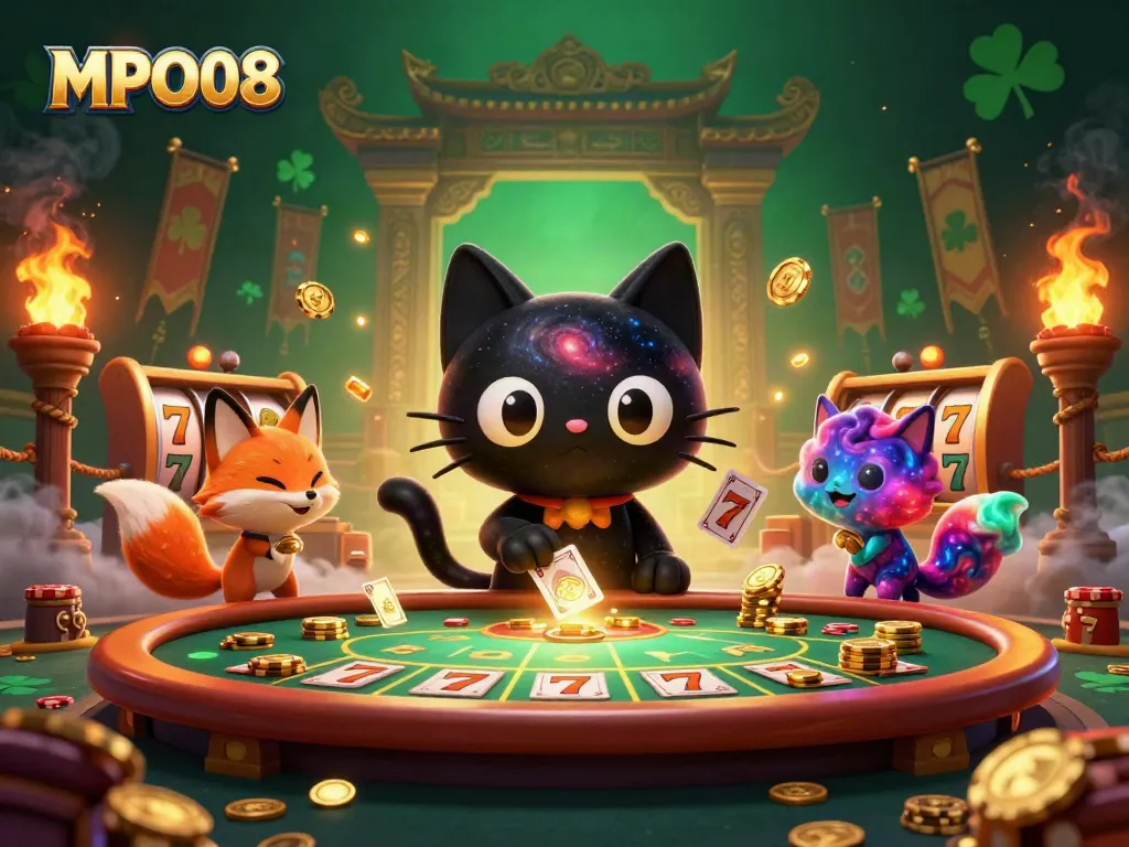 MPO08 pulls golden chips at a cosmic casino table with a black hole cat and nebula fox.