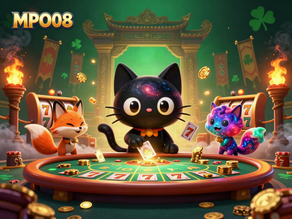 MPO08 pulls golden chips at a cosmic casino table with a black hole cat and nebula fox.