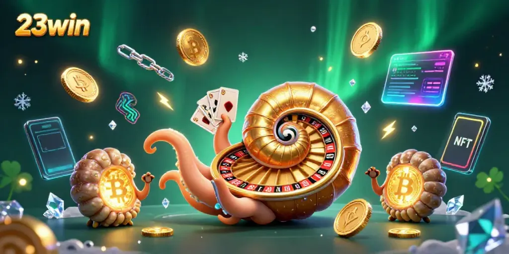 Experience the thrill of 23win casino with an engaging 3D illustration of a giant nautilus and glowing ammonites.