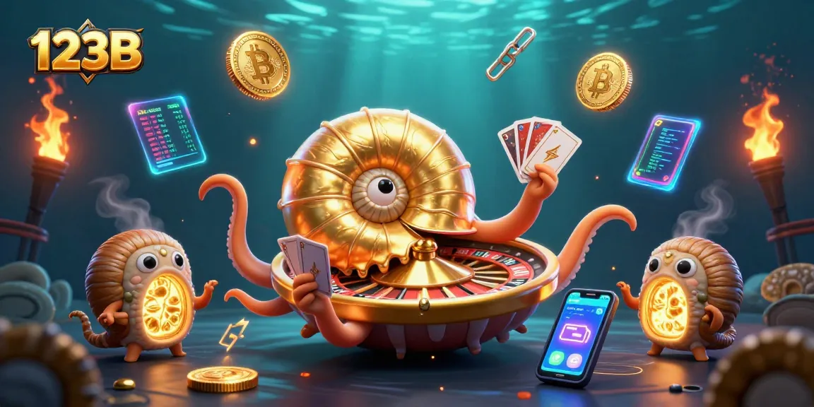 Engage with 123B's thrilling gaming experience featuring a giant nautilus roulette wheel and vibrant crypto elements.