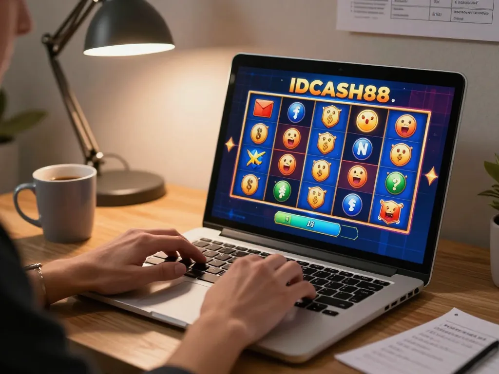 Engaging with IDCASH88 Slot online, player immersed in colorful gaming action on laptop.