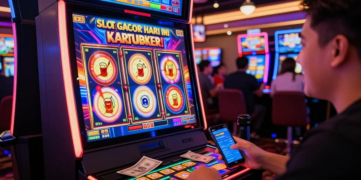 Excited player spinning Slot Gacor Hari Ini Kartupoker with vibrant casino atmosphere.