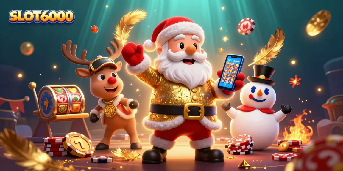 Experience the excitement of SLOT6000 with Santa and friends in a vibrant casino scene filled with jackpots and lively elements.