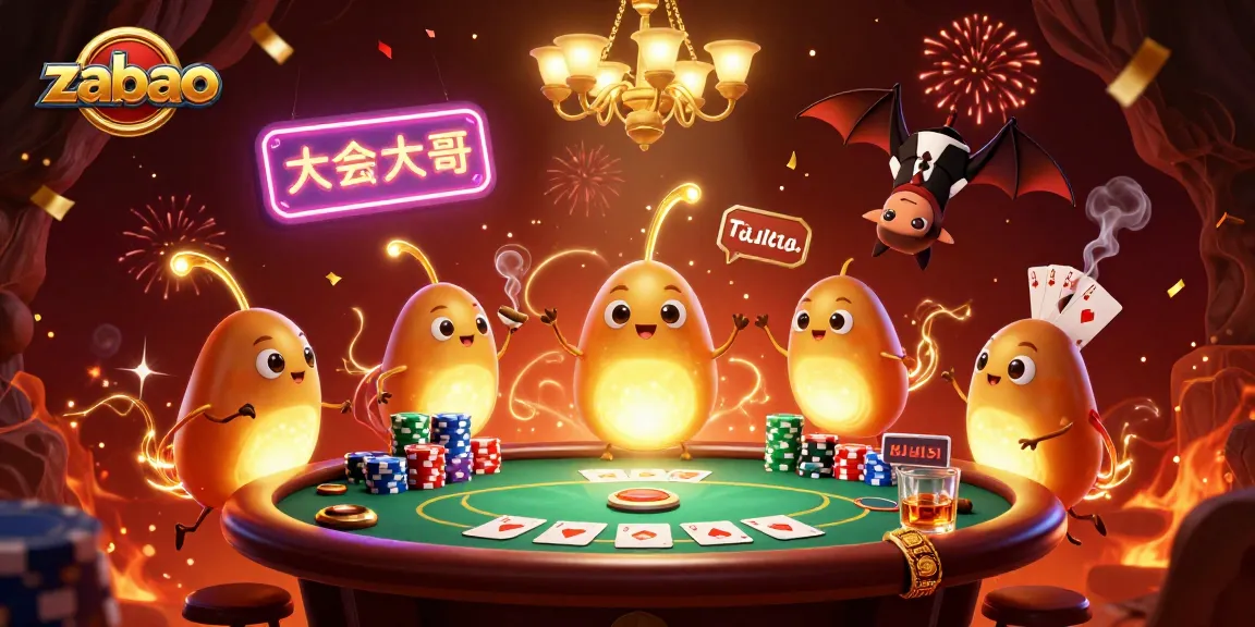 Experience the zaobao casino excitement with glowing characters and vibrant poker action in a colorful cave setting.