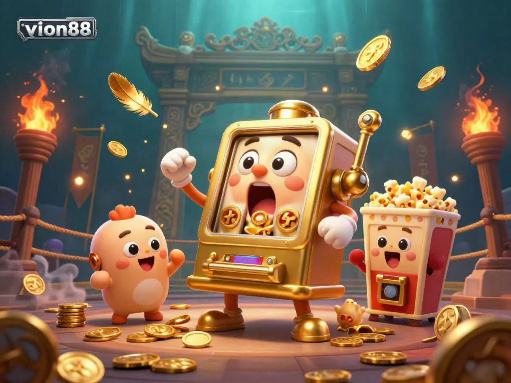 Experience the excitement of vion88 with a cheerful slot machine winning its jackpot and smaller machines celebrating!