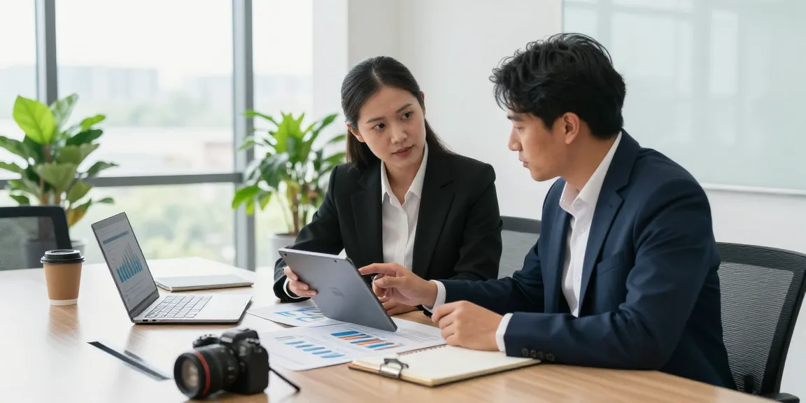 Business advisor explaining merchant cash advance vs business loan to small business owner in modern office.