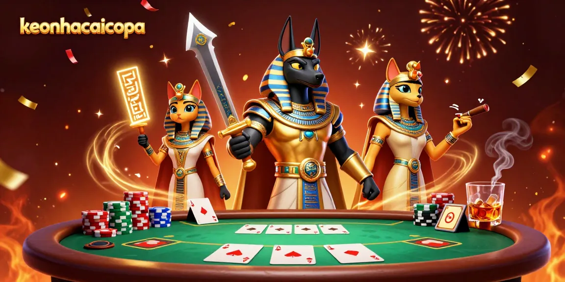Engage with keonhacaicopa's heroic scene featuring Anubis and Bastet at a vibrant poker table.