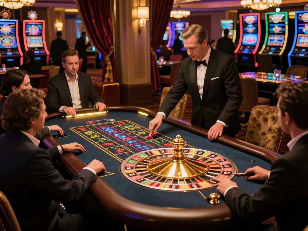 O8 players engaging at an elegant roulette table in a luxurious casino atmosphere
