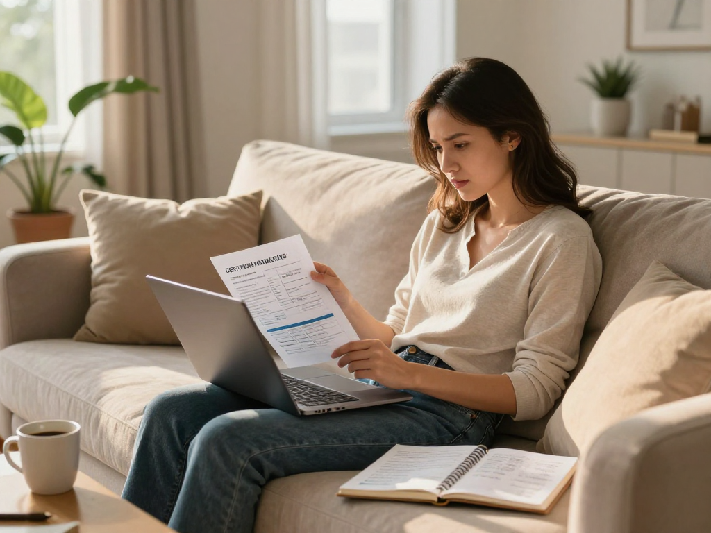 Individual reviewing financial plans on credit-consolidation.ca/ in cozy living room.