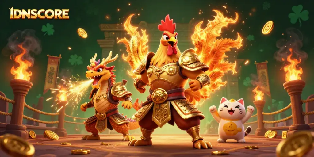 Experience the thrilling action of IDNSCORE with a warrior rooster and dragon in a dynamic casino scene.
