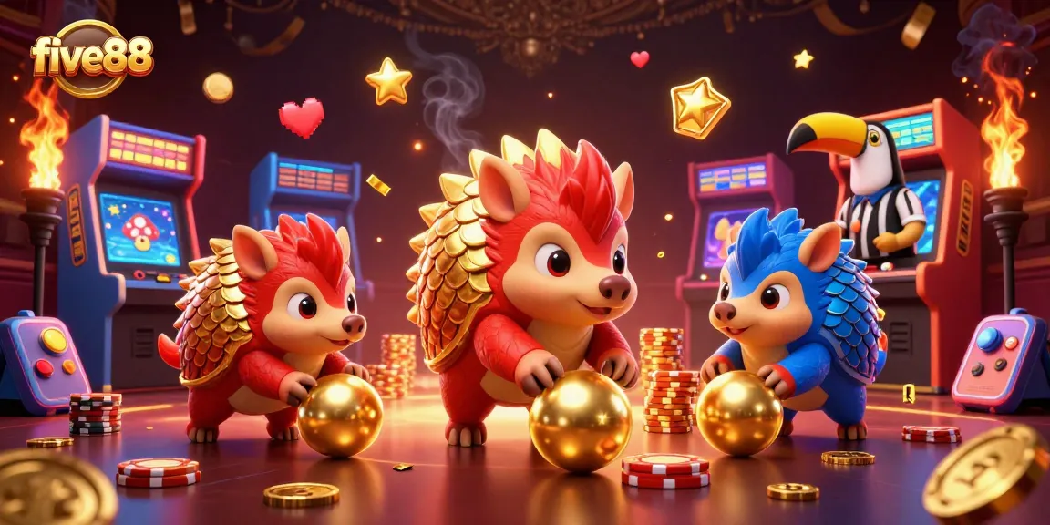 Engaging five88-themed illustration with pangolins competing among vibrant casino elements.