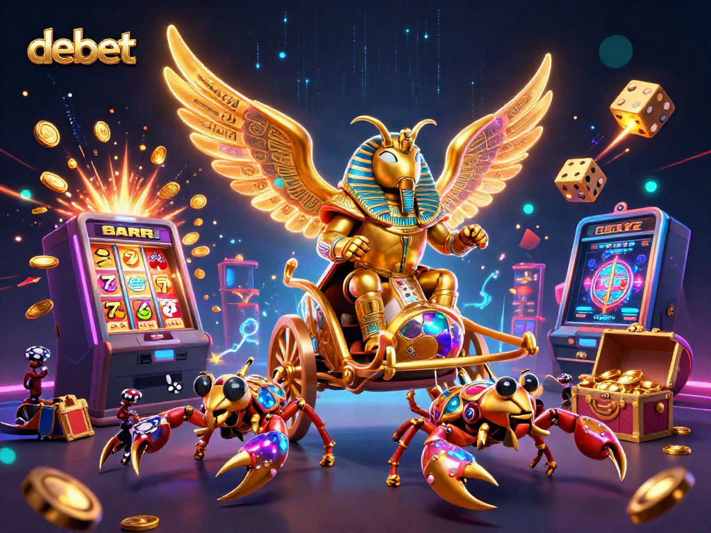 Experience the excitement of debet with a vibrant 3D casino scene featuring gold, gaming elements, and action.